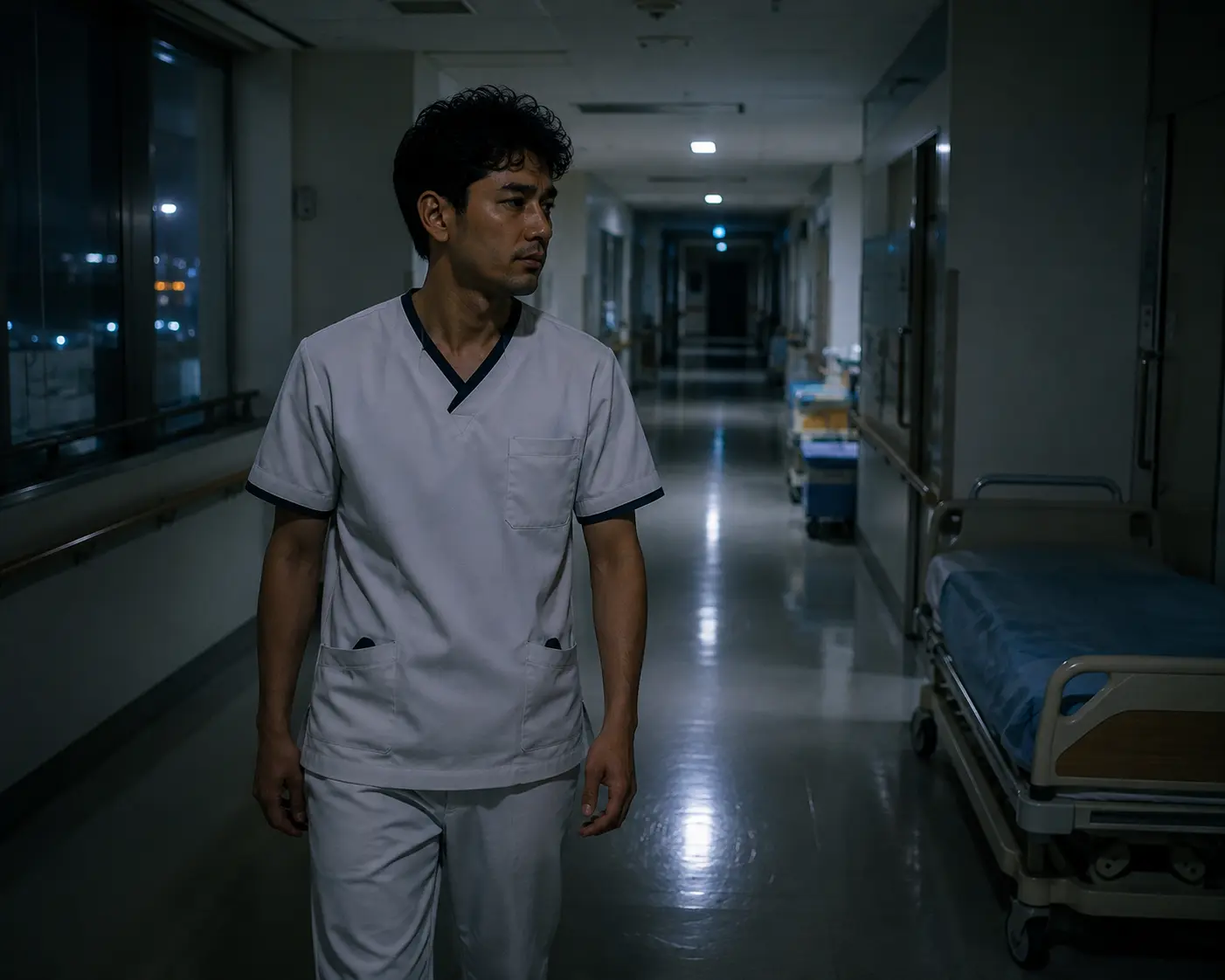 Caregiver working night shift in Japanese hospital corridor at night