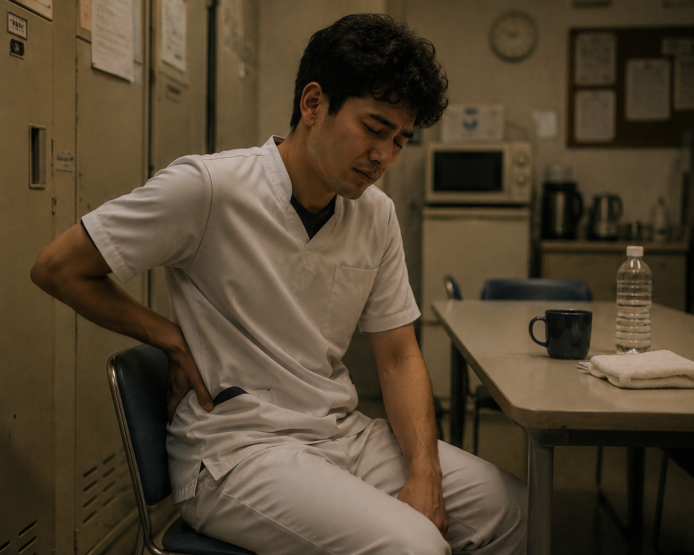 Caregiver in Japan holding back in pain after physical demands of caregiving work