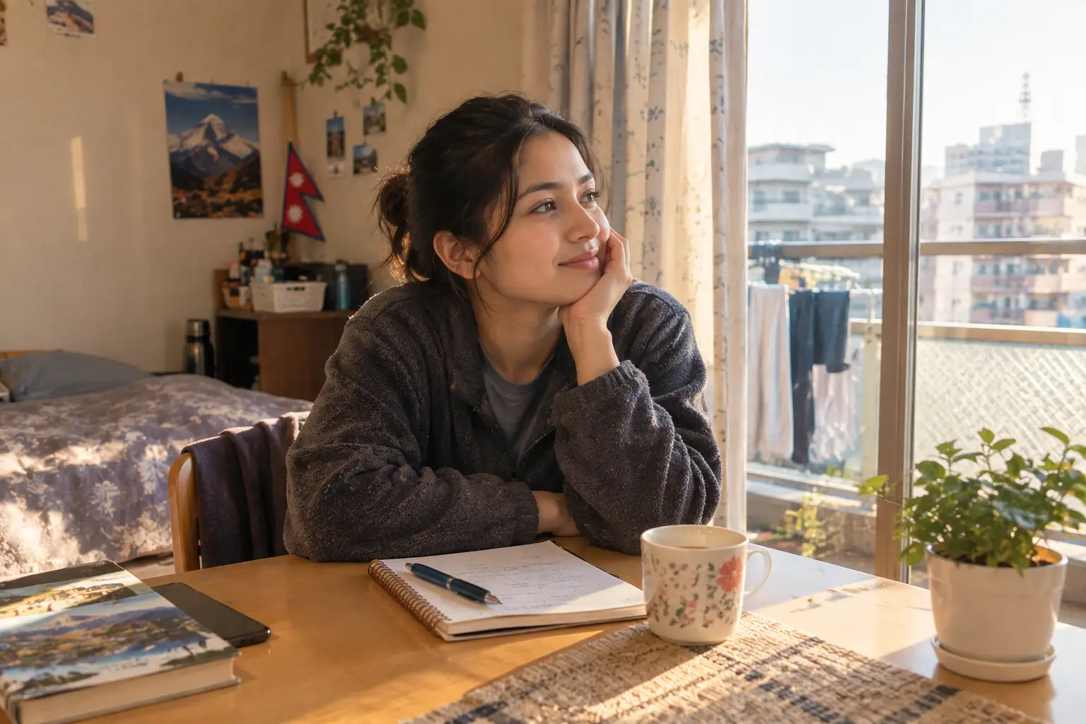 Caregiver in Japan reviewing her work benefits at home